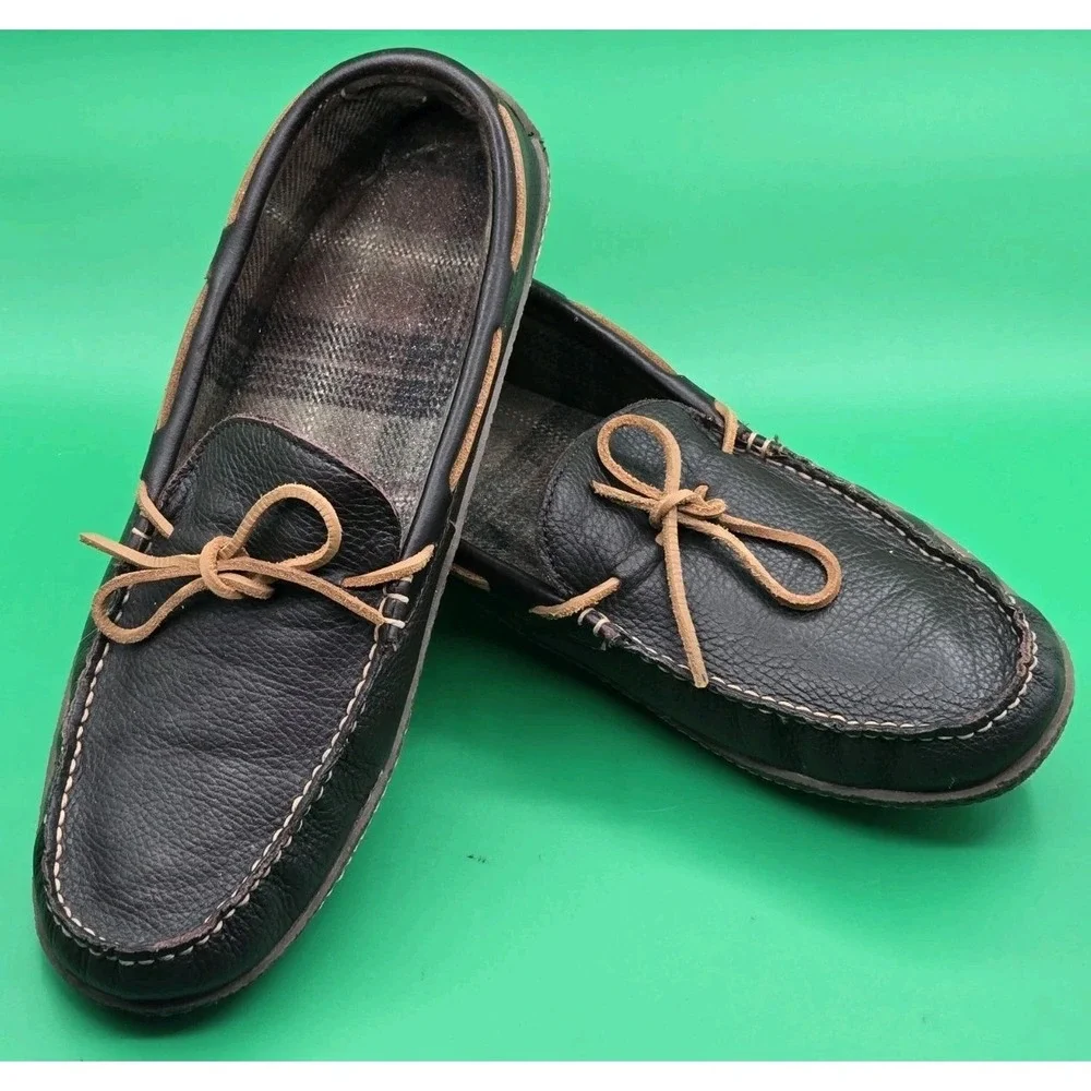 LL Bean Mens 14 Leather Moccasin Flannel Lined Slippers Loafer Shoe 212164 Brown
